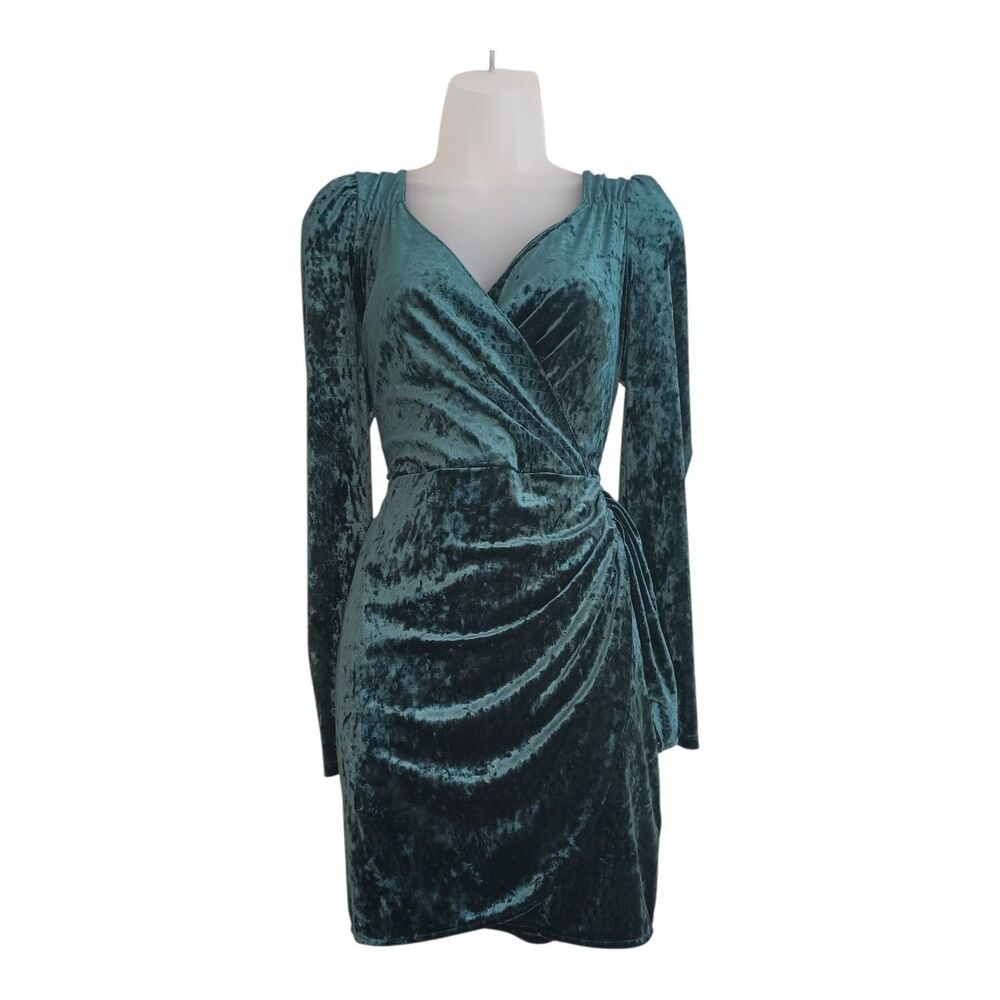 Saylor Green Velvet Drape Mini Faux Wrap Dress Size Large